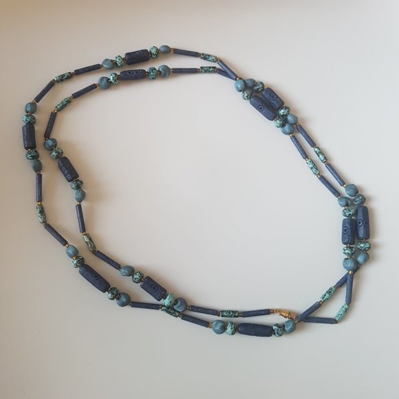 Long Blue-Green Bead Necklace - Picture 3 of 8